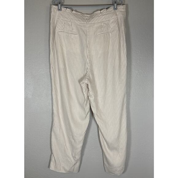 Ann Taylor Belted PaperBag Linen Pants Womens 14 Striped Brown Tan White Coastal - Picture 4 of 8